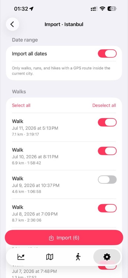 Импорт прогулок из Apple Health.